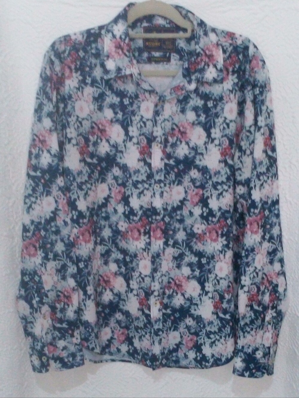 Rugby University Men's Navy Blue Pink Floral Stretch Long Sleeve Button Down